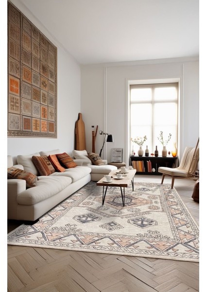 Vintage Halı Geometrik Motifli Bej Klasik Dijital Şönil Halı