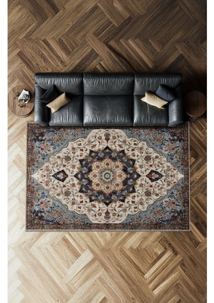 Vintage Halı Modern Motifli Mavi ve Bej Göbek Desenli Dijital Şönil Halı