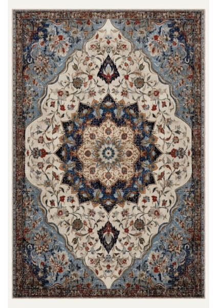 Vintage Halı Modern Motifli Mavi ve Bej Göbek Desenli Dijital Şönil Halı