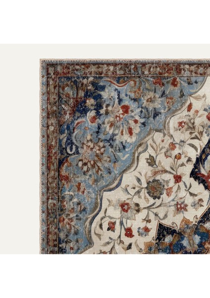 Vintage Halı Modern Motifli Mavi ve Bej Göbek Desenli Dijital Şönil Halı