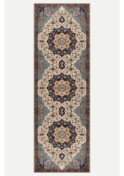 Vintage Halı Modern Motifli Mavi ve Bej Göbek Desenli Dijital Şönil Halı