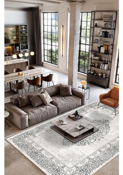Vintage Halı Modern Motifli Gri Göbekli Kilim Desenli Dijital Şönil Halı