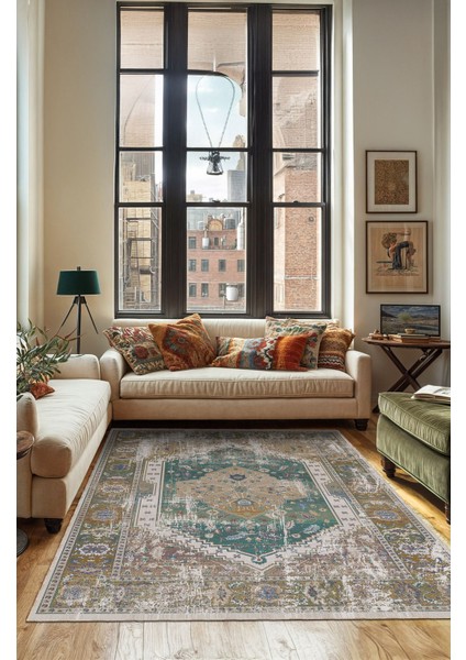 Vintage Halı Modern Motifli Yeşil Bej Kilim Desenli Dijital Şönil Halı