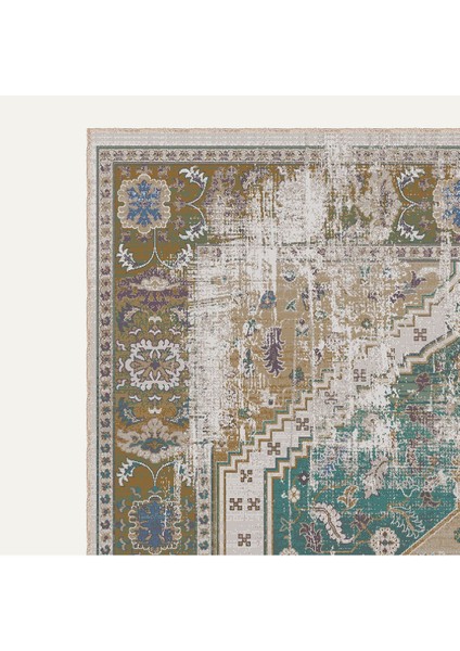 Vintage Halı Modern Motifli Yeşil Bej Kilim Desenli Dijital Şönil Halı modelleri