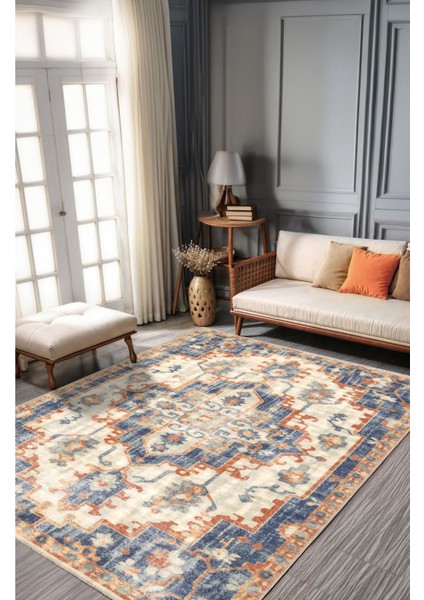 Geometrik Desenli Modern Vintage Desenli Bej Renkli Salon Halısı, Dokuma Taban Dekoratif Şönil Halı