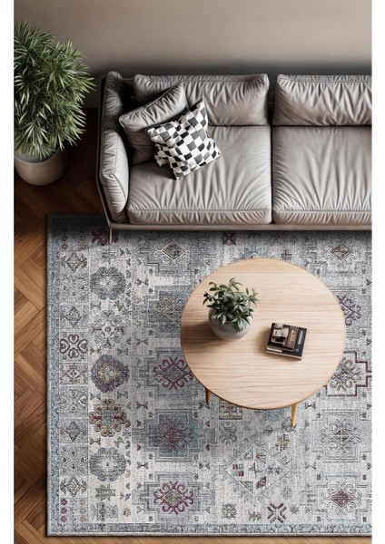 Vintage Desenli Gri Renkli Salon Halısı, Dokuma Taban Dekoratif Şönil Halı