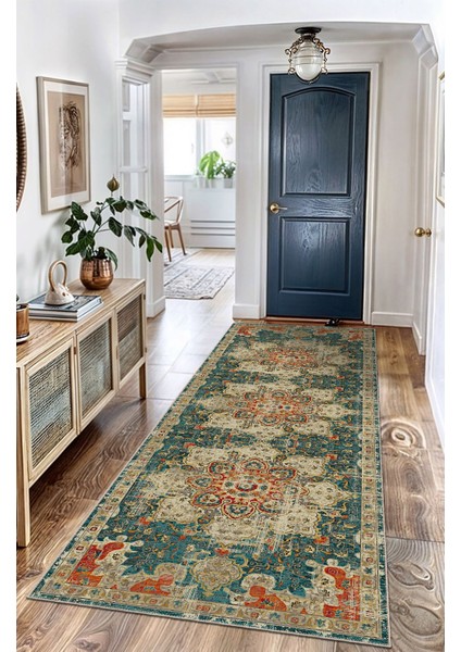Vintage Halı Modern Motifli Yeşil ve Bej Klasik Desenli Dijital Şönil Halı modelleri