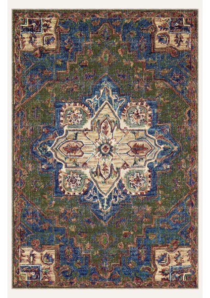 Vintage Halı Modern Motifli Yeşil ve Mavi Klasik Çiçek Desenli Dijital Şönil Halı fiyatları