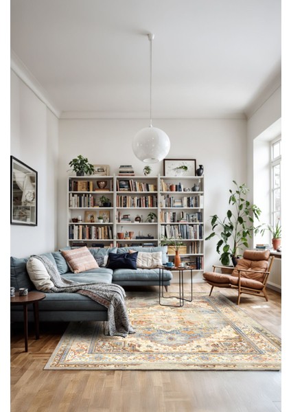 Mavi ve Turuncu Tonlarında Heriz Desenli, Eskitilmiş Vintage Dijital Şönil Halı