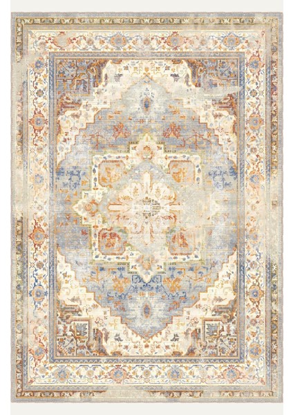 Mavi ve Turuncu Tonlarında Heriz Desenli, Eskitilmiş Vintage Dijital Şönil Halı fiyatları