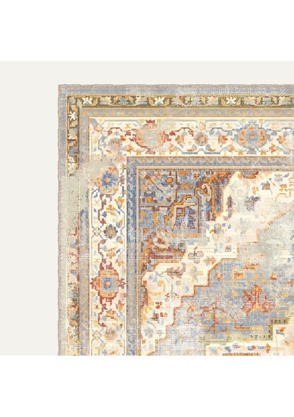 Mavi ve Turuncu Tonlarında Heriz Desenli, Eskitilmiş Vintage Dijital Şönil Halı modelleri