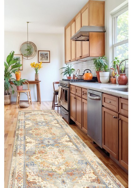 Mavi ve Turuncu Tonlarında Heriz Desenli, Eskitilmiş Vintage Dijital Şönil Halı fırsatları