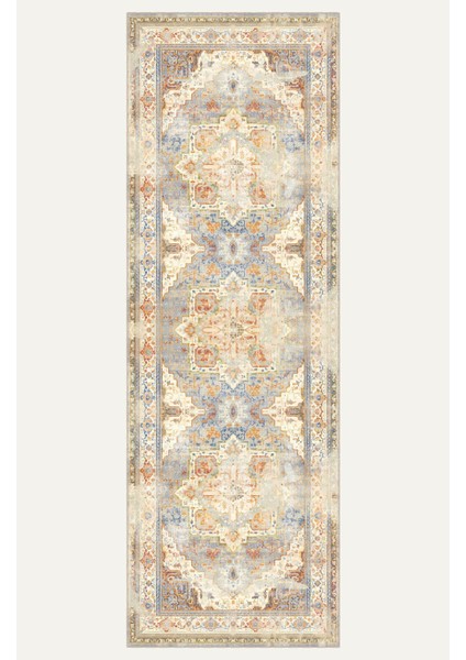 Mavi ve Turuncu Tonlarında Heriz Desenli, Eskitilmiş Vintage Dijital Şönil Halı indirimleri