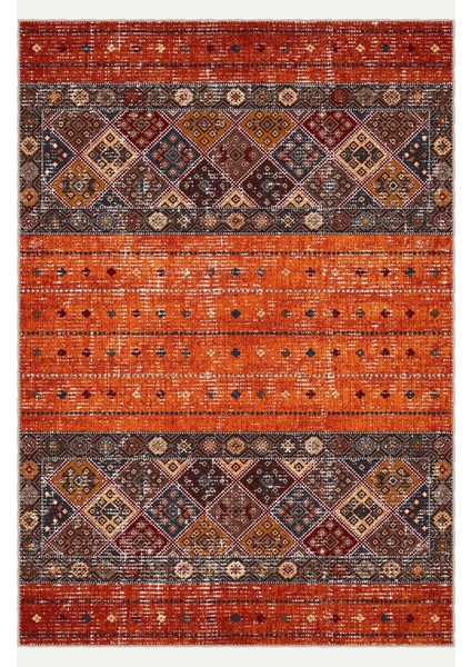 Turuncu ve Kırmızı Tonlarında Etnik Kilim Desenli Halı Dijital Şönil Halı fiyatları