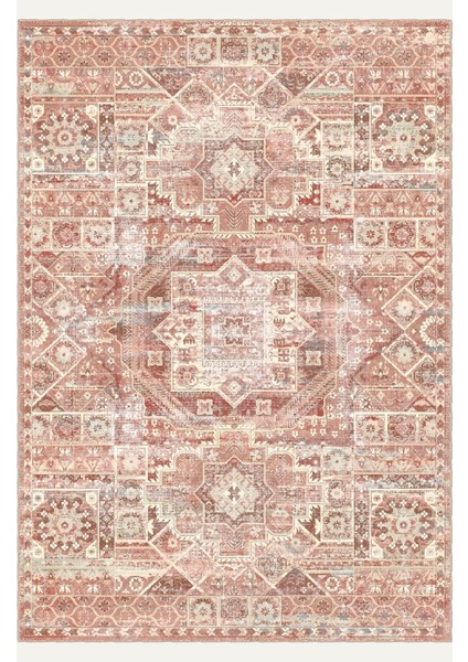 Kızıl ve Bej Tonlarında Geometrik Kilim Motifli Vintage Dijital Şönil Halı fiyatları