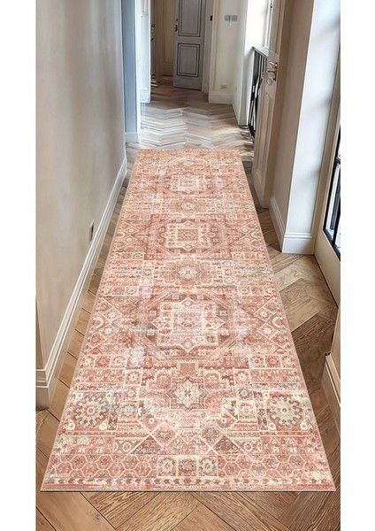 Kızıl ve Bej Tonlarında Geometrik Kilim Motifli Vintage Dijital Şönil Halı fırsatları