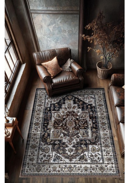 Vintage Halı Modern Motifli Gri ve Siyah Klasik Desenli Dijital Şönil Halı