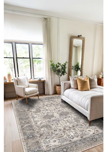 Vintage Halı Modern Motifli Gri ve Bej Kilim Desenli Dijital Şönil Halı