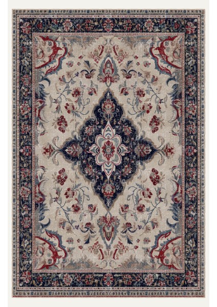 Vintage Halı Modern Motifli Leci ve Bej Göbek Desenli Dijital Şönil Halı