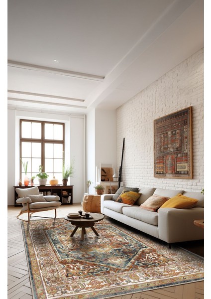 Turuncu, Mavi ve Bej Tonlarında Geometrik Desenli Vintage Halı Dijital Şönil Halı