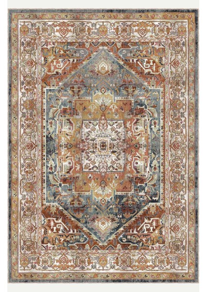 Turuncu, Mavi ve Bej Tonlarında Geometrik Desenli Vintage Halı Dijital Şönil Halı fiyatları