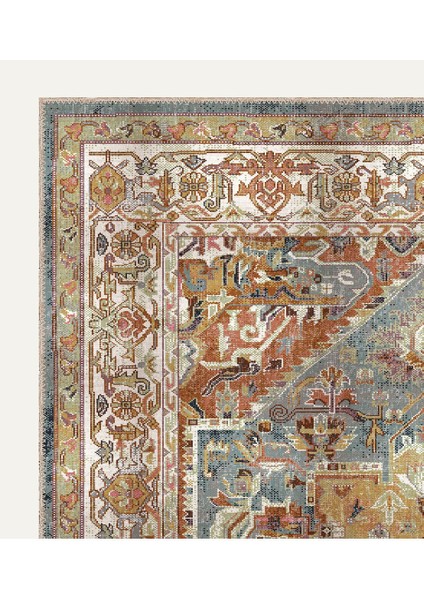 Turuncu, Mavi ve Bej Tonlarında Geometrik Desenli Vintage Halı Dijital Şönil Halı modelleri