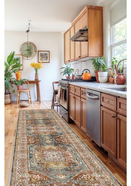 Turuncu, Mavi ve Bej Tonlarında Geometrik Desenli Vintage Halı Dijital Şönil Halı fırsatları