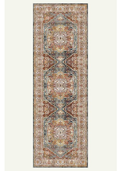 Turuncu, Mavi ve Bej Tonlarında Geometrik Desenli Vintage Halı Dijital Şönil Halı indirimleri