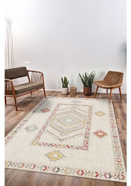 Krem Zemin Üzerinde Minimalist Etnik Desenli Halı Dijital Şönil Halı