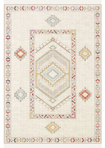 Krem Zemin Üzerinde Minimalist Etnik Desenli Halı Dijital Şönil Halı fiyatları