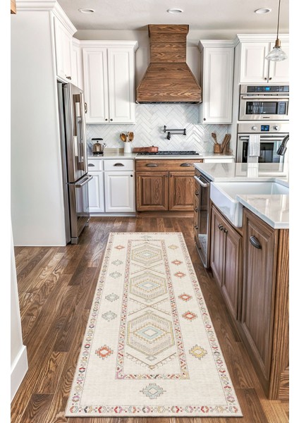 Krem Zemin Üzerinde Minimalist Etnik Desenli Halı Dijital Şönil Halı fırsatları