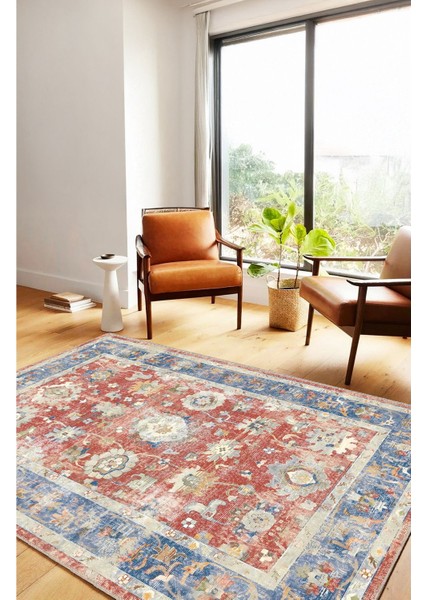 Kırmızı ve Mavi Tonlarda Floral ve Geometrik Motifli Eskitilmiş Vintage Dijital Şönil Halı