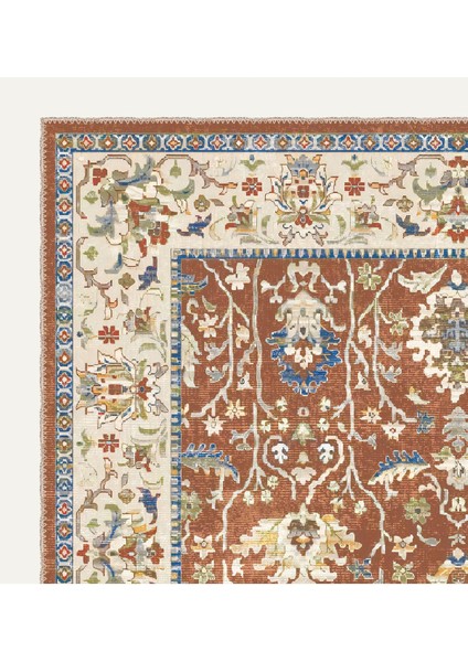 Kahverengi Zeminli Geleneksel Desenli Dijital Şönil Halı Kaymaz Taban, Vintage Stil modelleri