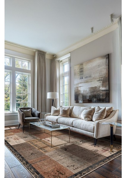 Vintage Halı Modern Motifli Kahverengi Klasik Kilim Desenli Dijital Şönil Halı