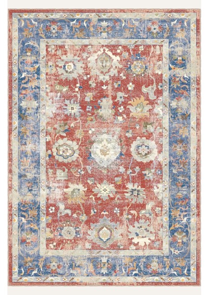 Kırmızı ve Mavi Tonlarda Floral ve Geometrik Motifli Eskitilmiş Vintage Dijital Şönil Halı fiyatları