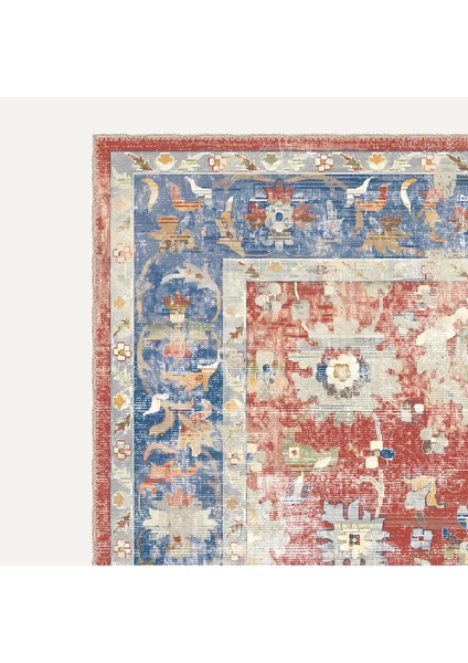 Kırmızı ve Mavi Tonlarda Floral ve Geometrik Motifli Eskitilmiş Vintage Dijital Şönil Halı modelleri