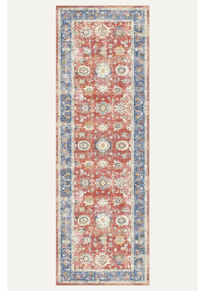 Kırmızı ve Mavi Tonlarda Floral ve Geometrik Motifli Eskitilmiş Vintage Dijital Şönil Halı indirimleri