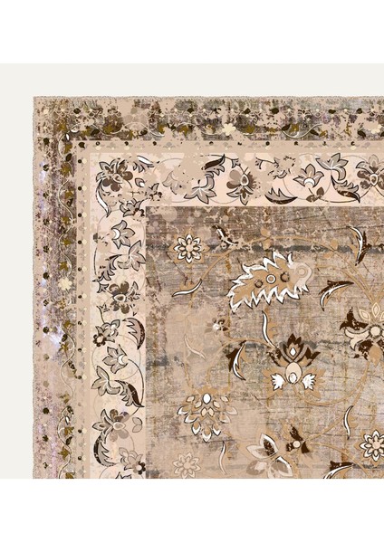 Geleneksel Çiçek Desenli Vintage Bej Dijital Şönil Halı Kaymaz Tabanlı ve Dayanıklı modelleri