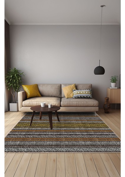 Vintage Halı Modern Motifli Kahverengi ve Çizgili Kilim Desenli Dijital Şönil Halı