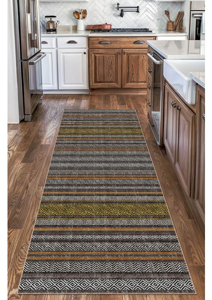 Vintage Halı Modern Motifli Kahverengi ve Çizgili Kilim Desenli Dijital Şönil Halı fırsatları