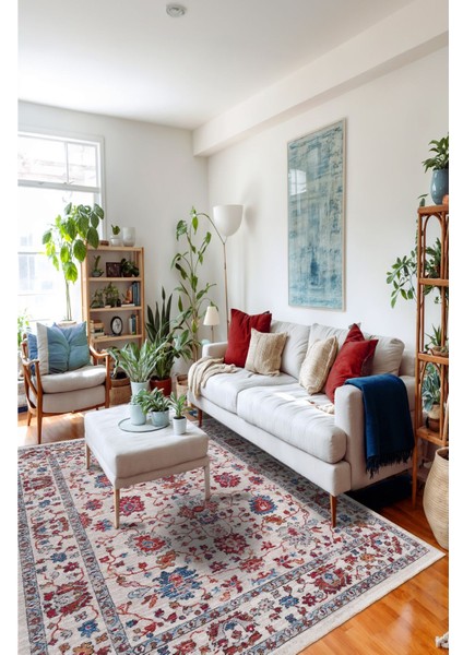 Pastel Zarafet Vintage Desenli Bej Renkli Salon Halısı, Dokuma Taban Dekoratif Şönil Halı