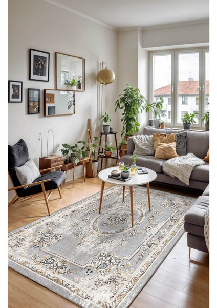 Klasik Çiçek Motifli Vintage Modern Salon Halısı, Dokuma Taban Dekoratif Şönil Yıkanabilir Halı