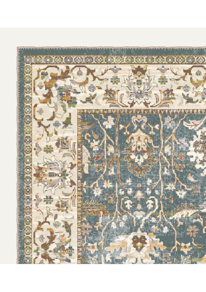 Mavi ve Yeşil Tonlarda Geleneksel Desenli Dijital Şönil Halı - , Vintage Stil modelleri