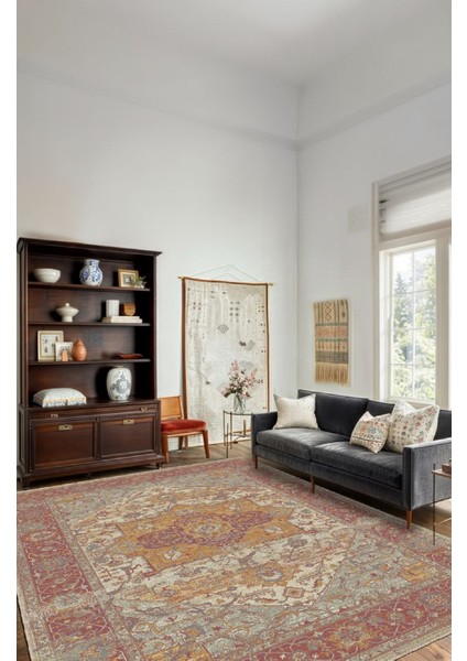 Vintage Desenli Bej Renkli Salon Halısı, Dokuma Taban Dekoratif Şönil Halı