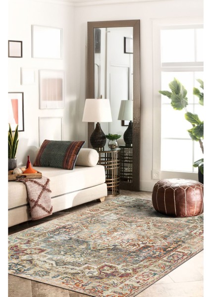 Zarif Heriz Motifli, Gri ve Kırmızı Tonlarda Vintage Dijital Şönil Halı