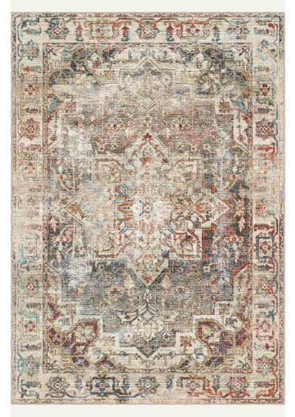 Zarif Heriz Motifli, Gri ve Kırmızı Tonlarda Vintage Dijital Şönil Halı fiyatları