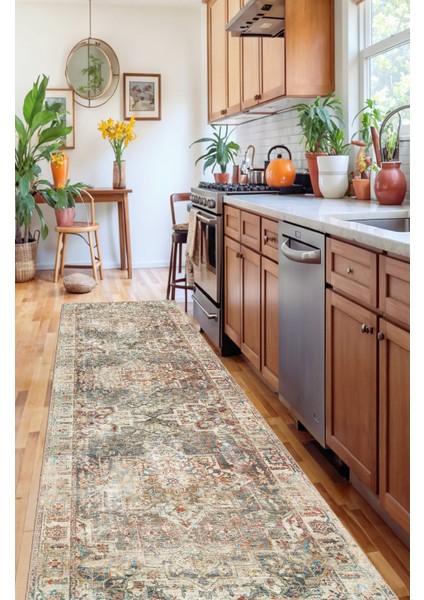 Zarif Heriz Motifli, Gri ve Kırmızı Tonlarda Vintage Dijital Şönil Halı fırsatları