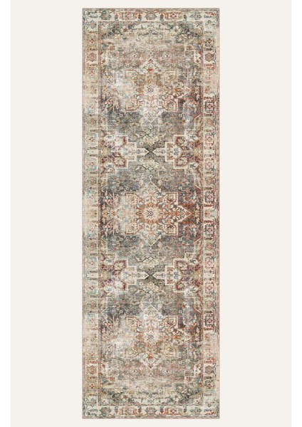 Zarif Heriz Motifli, Gri ve Kırmızı Tonlarda Vintage Dijital Şönil Halı indirimleri