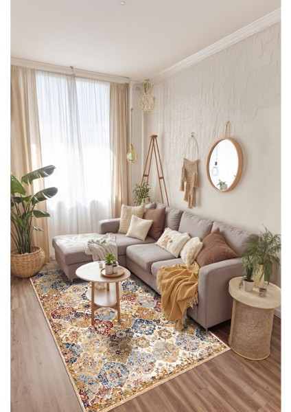 Soft Pastel Vintage Desenli Salon Halısı, Dokuma Taban Dekoratif Şönil Halı