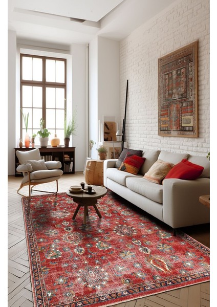 Tutkulu Kırmızı Renkli Vintage Desenli Salon Halısı, Dokuma Taban Dekoratif Şönil Halı